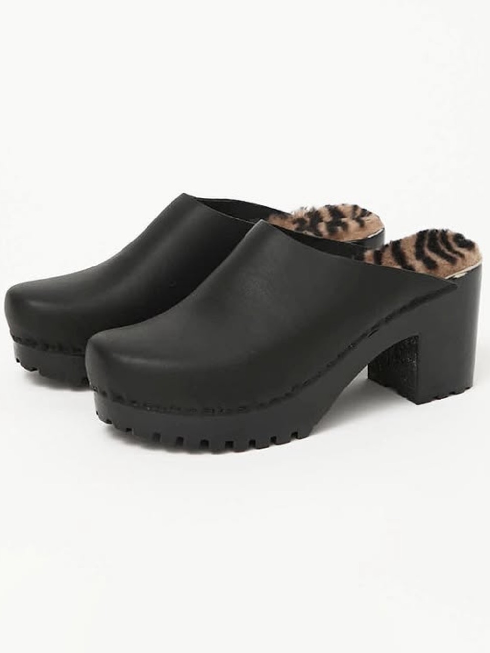 New! No. 6 Liza Clog Mid Tread Black with Zebra Shearling. Size 39